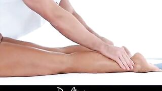 A sexy girl gets oiled up before getting fucked hard