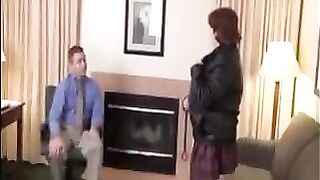 A fat woman is having fun with her boss in pantyhose