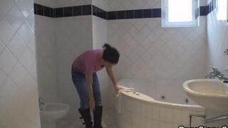 Brunette with natural tits has sex after taking shower