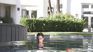 The hot brunette has sex with boyfriend in the pool