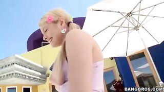 A blonde girl has a long dick and she sucks it with pleasure