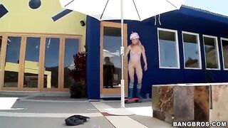 A blonde girl has a long dick and she sucks it with pleasure