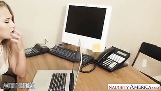 A porn actress wearing a skirt and stockings is caught in a steamy office scene