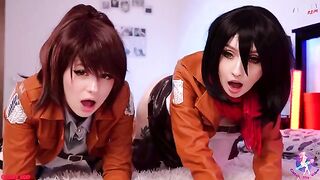 Cosplay threesome with Mikasa, Sasha, and Historia in wet pussies action