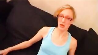 Skinny teen with glasses enjoys rough sex right on the couch