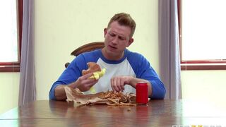 A wife has sex with a cucumber in front of her husband