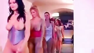 Bunch of guys with one girl with big natural boobs