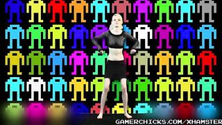 A sexy girl is dancing a striptease in front of the crowd of guys