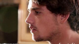 A brunette woman made a blowjob right in the bedroom