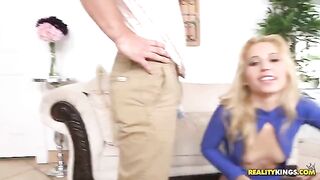 Blonde woman with cancer fucked on the couch in a rough pose