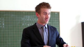 The student is fucking with her teacher on his table
