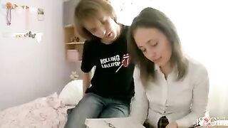 A cute girl stayed at home with her classmate and had some fun