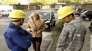 A girl in black pantyhose gets fucked on the set of porn