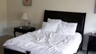 Two cute blondies are having gentle sex right in the bedroom on the bed