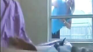 A woman peeps at a guy masturbating in his ward and joins in