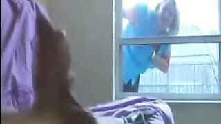 A woman peeps at a guy masturbating in his ward and joins in
