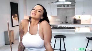 Shooting balls for big boob shots with a brunette who knows her stuff
