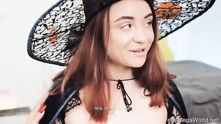 Lesbian beauties fucked by a guy in Halloween role play