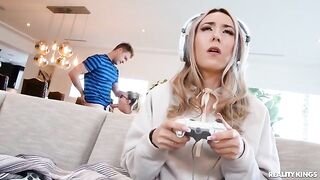 A cute nerdy girl in glasses gets fucked in every hole at home