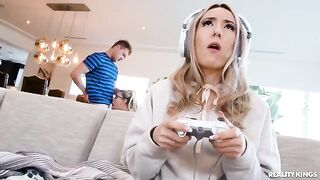 A cute nerdy girl in glasses gets fucked in every hole at home