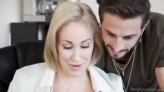 The overworked girl masturbates her pussy in the office with stockings
