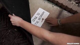 The young guy arranged a surprise for the babysitter on the bed