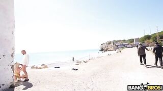 Bald guy fucked blonde in ass on the public beach
