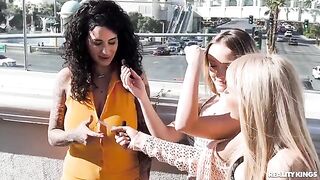 Two girls have a lesbian sex on the strip, they use no condoms