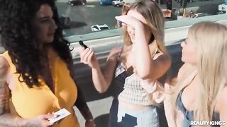 Two girls have a lesbian sex on the strip, they use no condoms