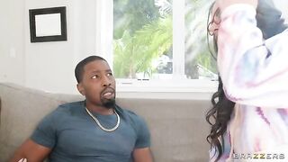 Two girlfriends fuck with a young man in an interracial scene