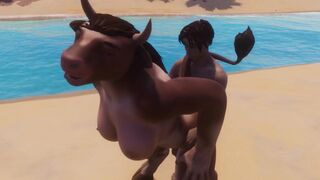 Furry cow girl fucked by a man in a wild, monster-filled scene