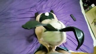 A cute girl in a bunny suit swallows a big dick right to the balls
