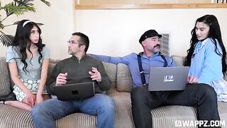 Sexy beauties threw a party for their stepdad on the couch