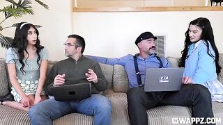 Sexy beauties threw a party for their stepdad on the couch