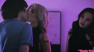 An Asian girl is fucking with European guys on the couch