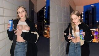 The cute girl showed her skills for an energy drink advertisement