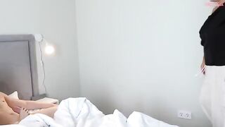 A cute 18-year-old girl bounces on a big mom’s bed