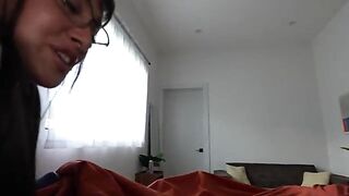 A cute girl was having fun with her girlfriend at a sleepover