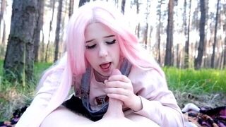 A pretty girl with pink hair sucks cock, showcasing her passion
