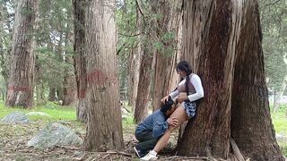 A pretty woman in the forest would agree to have her pussy licked