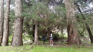 A pretty woman in the forest would agree to have her pussy licked