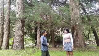 A pretty woman in the forest would agree to have her pussy licked