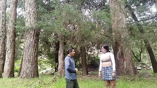 A pretty woman in the forest would agree to have her pussy licked