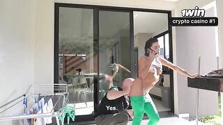 The cleaning lady gets a chance to lick her boss's dick