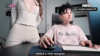 A girl rubs her pussy on the table and fucks herself until she comes