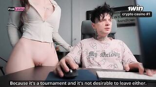 A girl rubs her pussy on the table and fucks herself until she comes