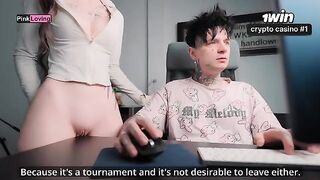 A girl rubs her pussy on the table and fucks herself until she comes