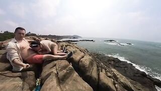 A sexy girl has sex with her boyfriend on the city streets