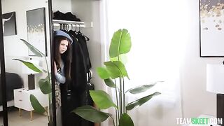 A young slender beauty gets wet and unbuttoned on the couch