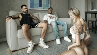 A wife gets fucked by her friend while her husband watches, showcasing intense cuckold dynamics